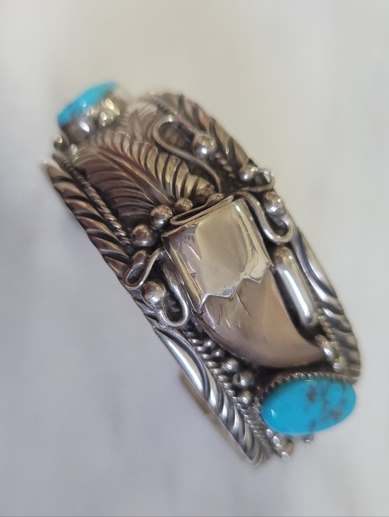 SouthWest Silversmith Jewelry - Sterling Silver,Natural Turquoise, Rare Bearclaw "TedJoe" Navajo Cuff Bracelet